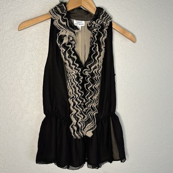 Neiman Marcus Robert Rodriguez Black Tan Ruffle Blouse Regal Victorian Medieval - Picture 2 of 6